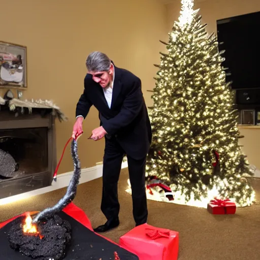 Image similar to Happy Joe Manchin playing with coal in front of a Christmas tree