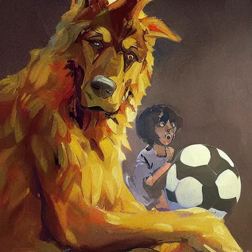 Image similar to a humanoid german shepherd beast - man, sitting and watching a soccer match in his house on television, he has hurt his knee and is a dad, by erin hanson, alexi zaitsev, karl spitzweg, award winning, tv set