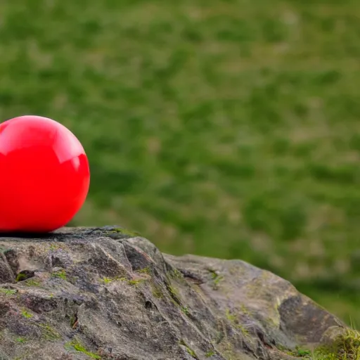 Prompt: a red ball and a yellow cube on the top of the hill