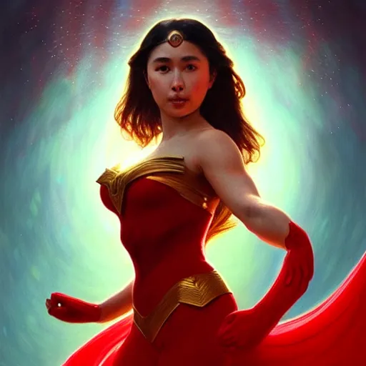 Image similar to julia barretto as darna, volumetric lights, red and cyan theme, art nouveau botanicals, intricate, highly detailed, digital painting, artstation, concept art, smooth, sharp focus, cinematic, illustration, beautiful face, art by artgerm and greg rutkowski and alphonse mucha