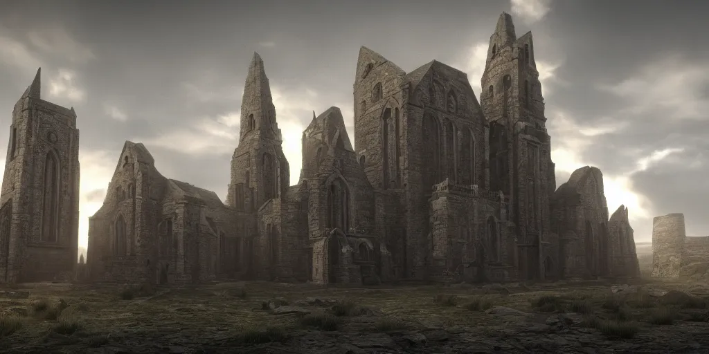 Prompt: monolithic church, stone hewn, epic scale, enormous towers, matte painting, dramatic lighting, artstation