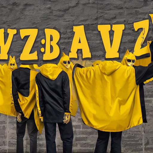 Prompt: cat wizards dressed in yellow raincoats. A banner that reads 'Wiz Biz only, Fools' adorns the back wall. Hypermaximalistic, hyper detailed 4k resolution photo realistic