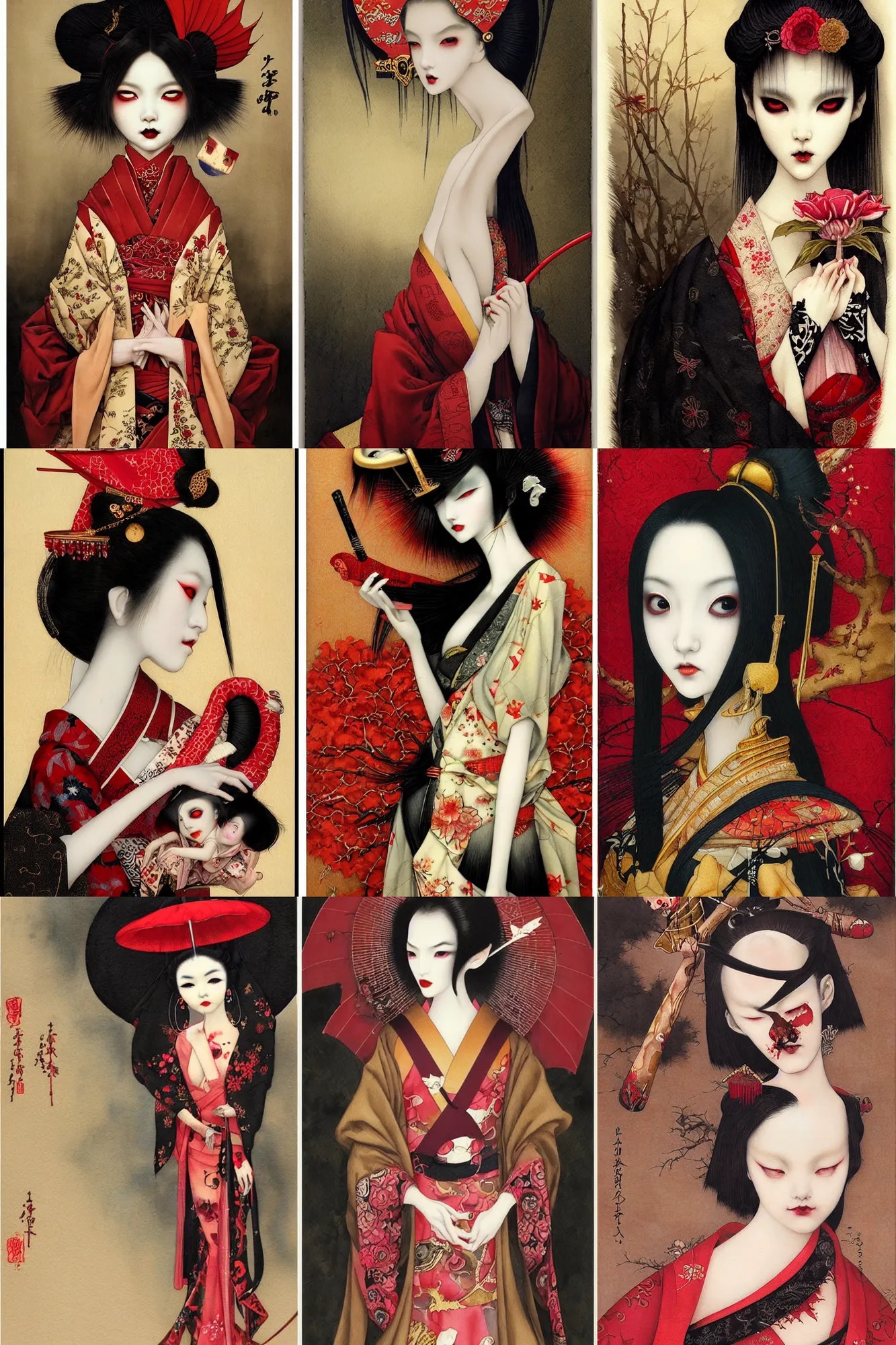 Image similar to watercolor painting of a japanese bjd geisha vampire with a long neck by tom bagshaw, ayami kojima, mark ryden in the style of thoth tarot card, dark - fantasy, red, gold black