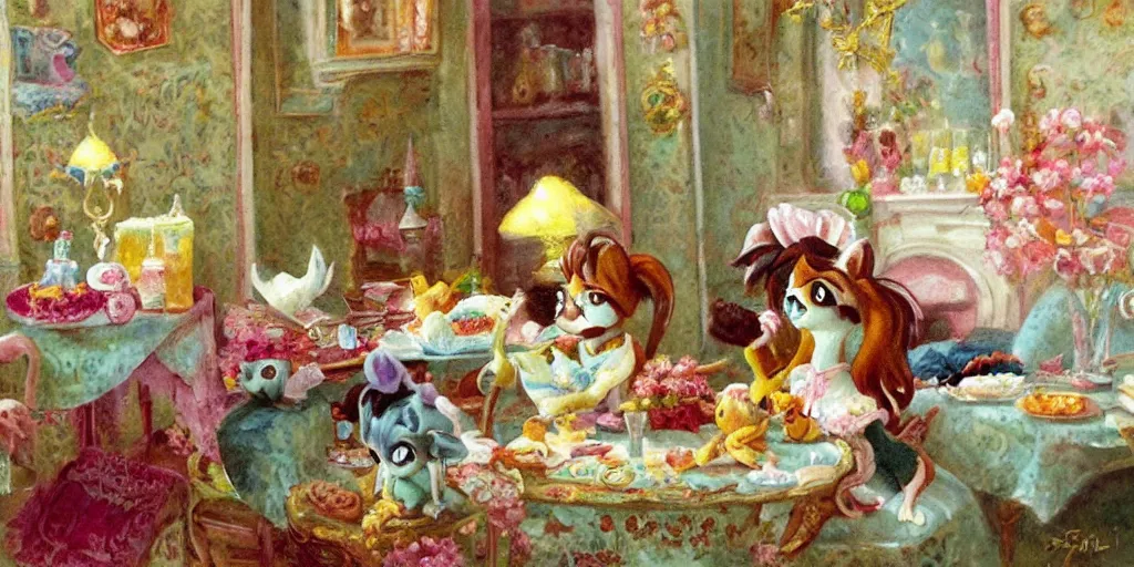 Prompt: 3 d littlest pet shop animals, sitting on pillows, eating fruit, decadence, parlor, sitting room, czech republic perfume bottles, delectable delights, sugar, powdered sugar, pastels, dream, mid shot, master painter and art style of noel coypel, art of emile eisman - semenowsky, art of edouard bisson