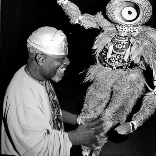 Prompt: sun ra shaking hands with a giant humanoid hairy spider