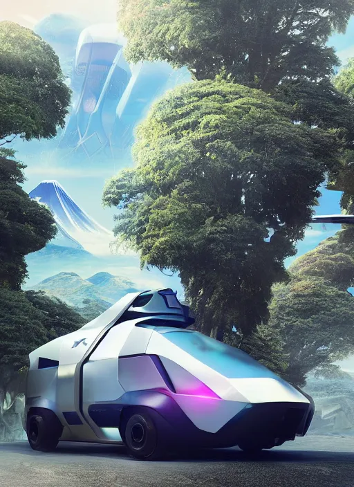 Image similar to a futuristic magical solarpunk tesla cyber truck vehicle hover craft in the future of 2 0 8 9 futuristic version, dieselpunk look, elegant automotive parts shape, aero dynamic, digital art. trending on artstation. cyberpunk look hovering by mount fuji early in the morning with a few blossom trees around, high quality photo