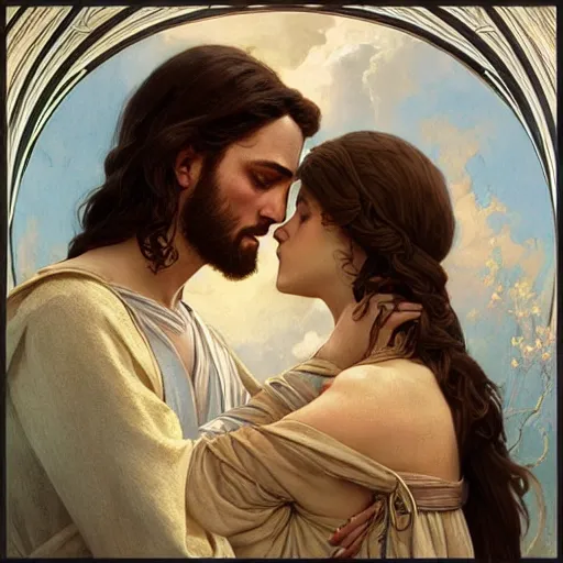 Image similar to jesus kissing a maria maddalena, intricate, elegant, highly detailed, digital painting, artstation, concept art, matte, sharp focus, illustration, art by artgerm and greg rutkowski and alphonse mucha