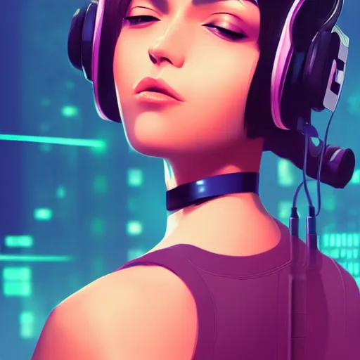 Prompt: a futuristic woman with headphones on, cyberpunk art by Ilya Kuvshinov, trending on cgsociety, computer art, ilya kuvshinov, artstation hd, artstation hq