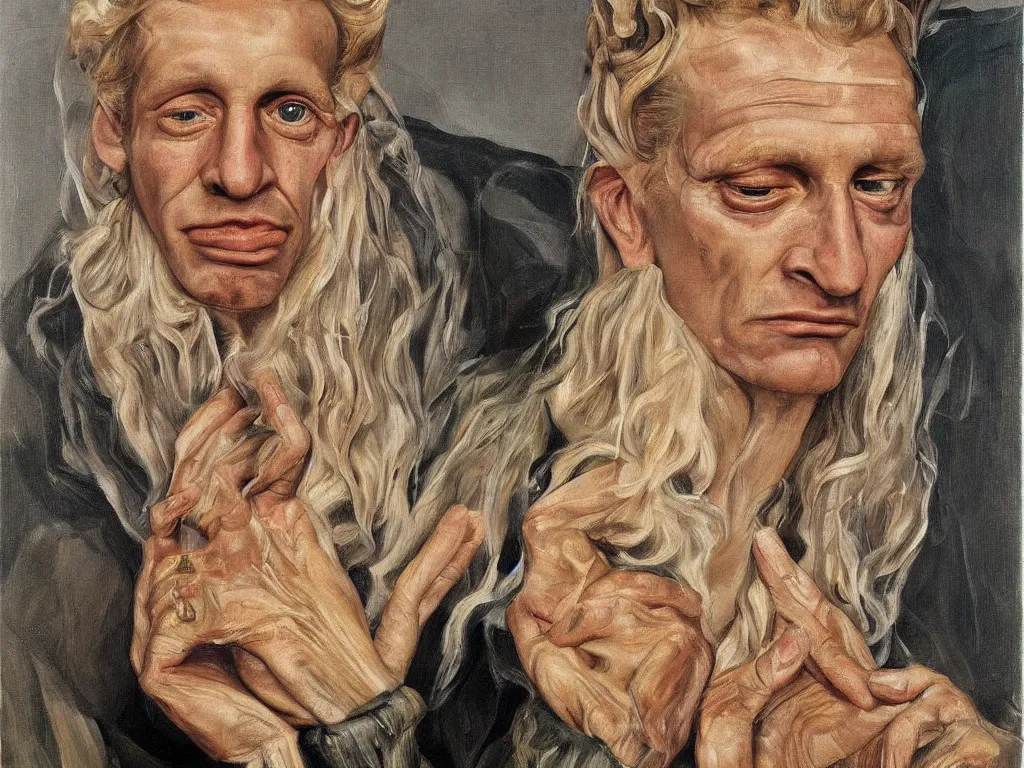 Image similar to portrait of a blonde Californian cult leader. Painting by Lucian Freud, August Sander.