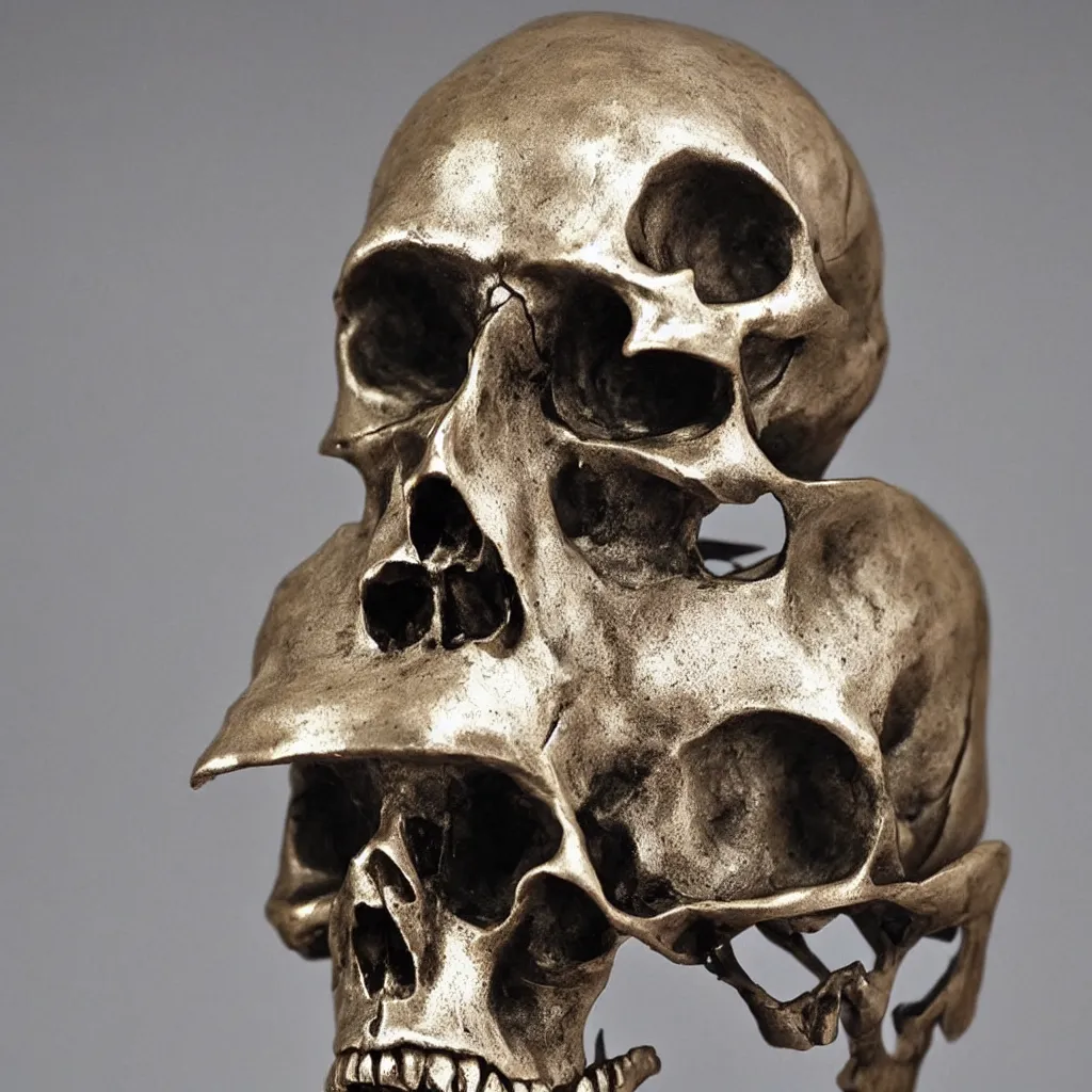 Image similar to a realistic metal sculpture of one skull, super detailed