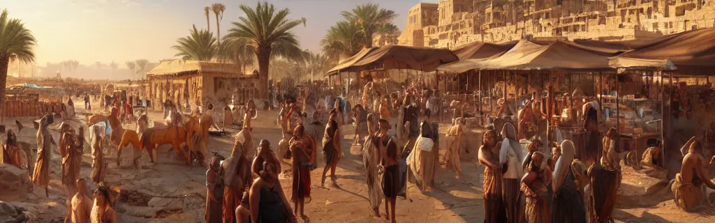 Image similar to a busy marketplace in ancient egypt. 8 k, epic cinematic hyperrealism masterpiece. realistic poster with shaded lighting by craig mallismo, artgerm, jeremy lipkin and michael garmash, unreal engine, radiant light, detailed and complex environment, digital art, art station trends, detailed, lens flare, motion blur