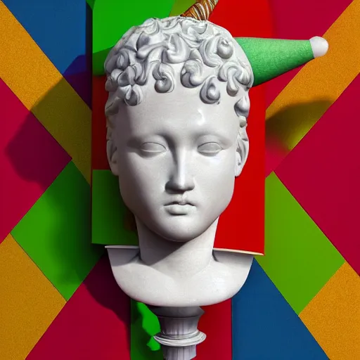 Image similar to a 3 d model of a white marble human head in a renaissance style holding a coctail, colorful coctail, digital illustration, 3 d render, above the waist