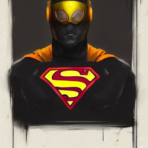 Prompt: portrait of a superhero by greg rutkowski, he looks like joseph quinn, he is wearing a black, orange and yellow kevlar gear, highly detailed portrait, digital painting, artstation, concept art, smooth, sharp foccus ilustration, artstation hq