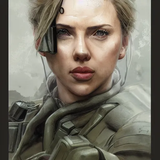 Image similar to solid snake played by by scarlett johansson, military art, face portrait, hd shot, digital portrait, elegant, beautiful, fantasy art, artstation, comic style, by artgerm, guy denning, jakub rozalski, magali villeneuve and charlie bowater