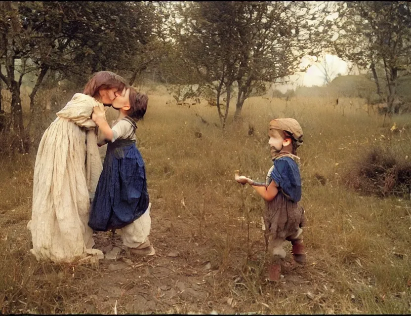 Image similar to peasant boy and girl first kiss, on a village, Cinematic focus, Polaroid photo, vintage, neutral colors, soft lights, foggy, by Steve Hanks, by Serov Valentin, by lisa yuskavage, by Andrei Tarkovsky 8k render, detailed, oil on canvas