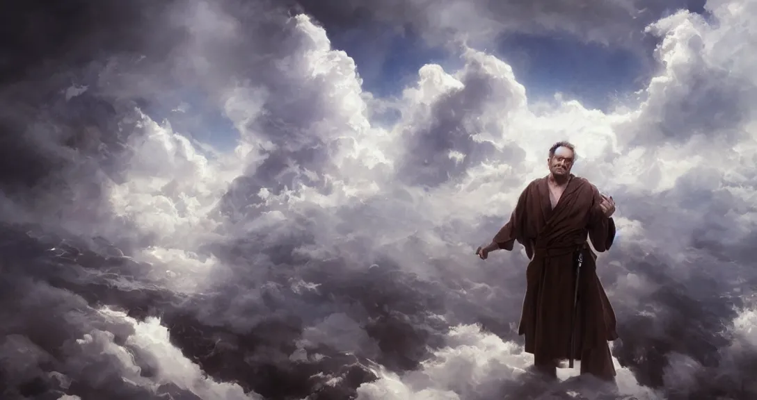 Image similar to robin williams is god, white beard, clouds, heaven, blue eyes, white robe, single subject, intricate, detailed, volumetric lighting, scenery, digital painting, highly detailed, artstation, sharp focus,, alex ross, ruan jia, steve mccurry