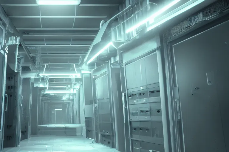 Image similar to parallax datacenter server room interior single mono colossus white rusty android guest robosaurus pacing artstation cinematic detailed concept art volumetric light sharp coherent cgsociety symmetric perfect well balanced shadows lotr hardware