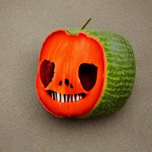 Image similar to half man half melon, killer, knife, dark and moody