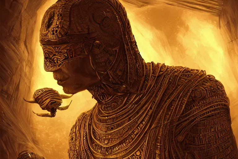 Prompt: ancient mummy surrounded by golden scarabs with intricate patterns, concept art, digital illustration, trending on artstation, deviantart, artgerm, epic composition, masterpiece, highly detailed, advanced technique, ambient lighting, wlop, ross draws