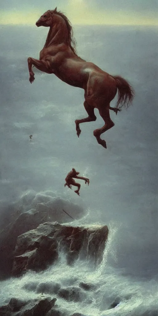 Prompt: a demon horse falls off a cliff and into the ocean, beksinski, dariusz zawadzki, surreal, ethereal