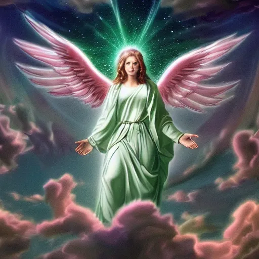 Image similar to angel ascending with four horseman of apocalypse, mintgreen colors only, divine, 4 k, sunlights, hd