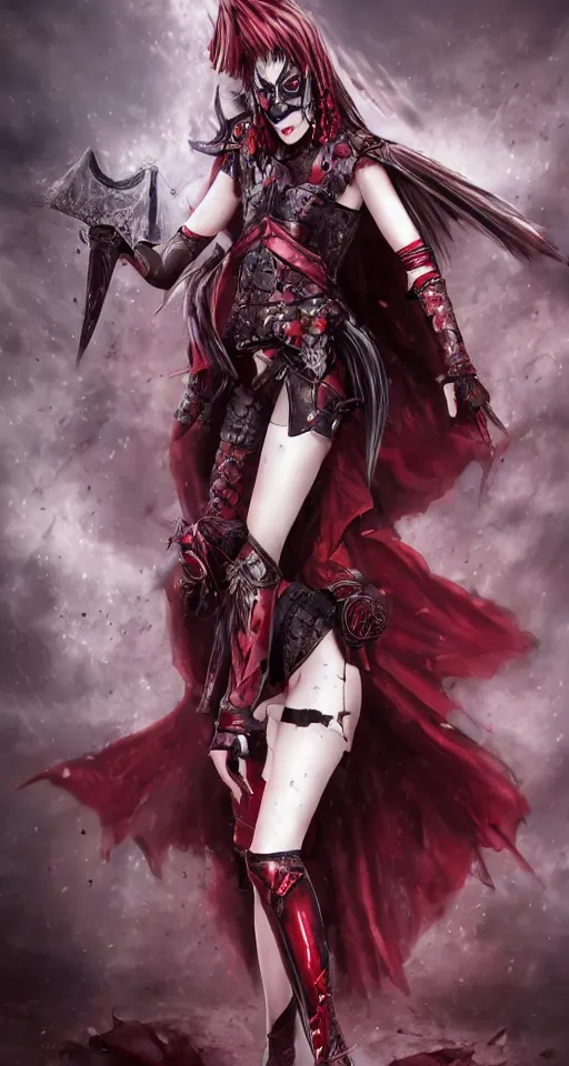 Image similar to female vampire knight, barefoot, full body armor, plate armor, carnival mask, giant two - handed sword dripping blood, crimson colored wings, grinning, barefeet, fantasy art.