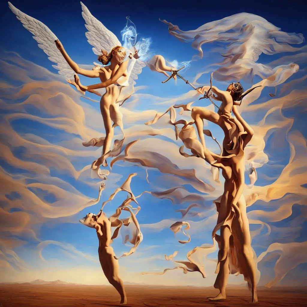 Prompt: angel casting spell in desert, in the style of dali, oil on canvas, masterpiece, trending on artstation, featured on pixiv, cinematic composition, beautiful lighting, sharp, details, hyper - detailed, hd, hdr, 4 k,