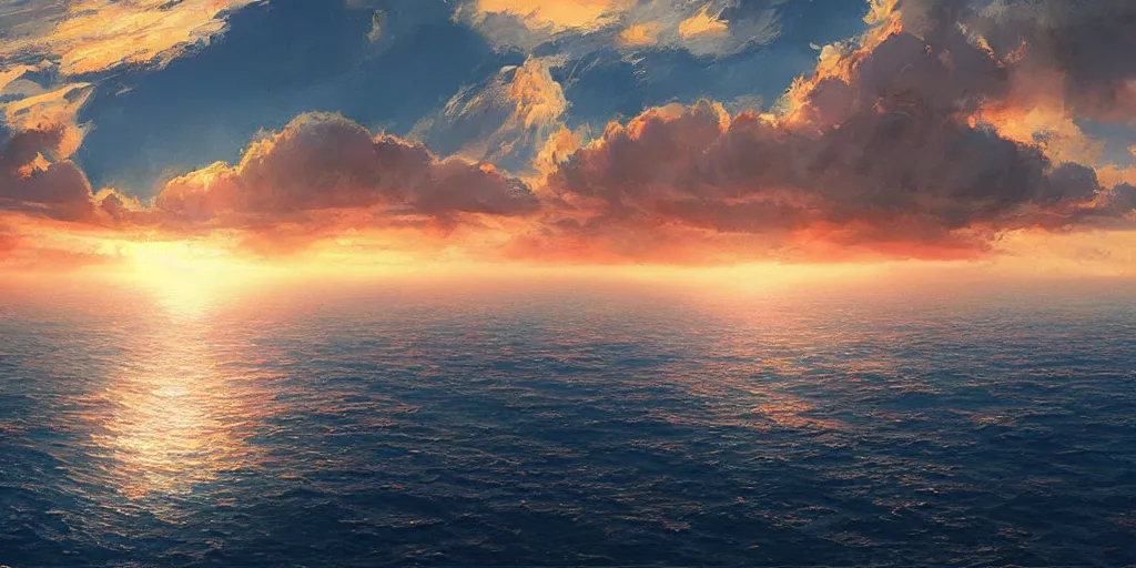 Image similar to a beautiful [[[[[sunset]]]]] over the ocean on a clear cloudless day, artstation, cgsociety, detailed, gorgeous painting