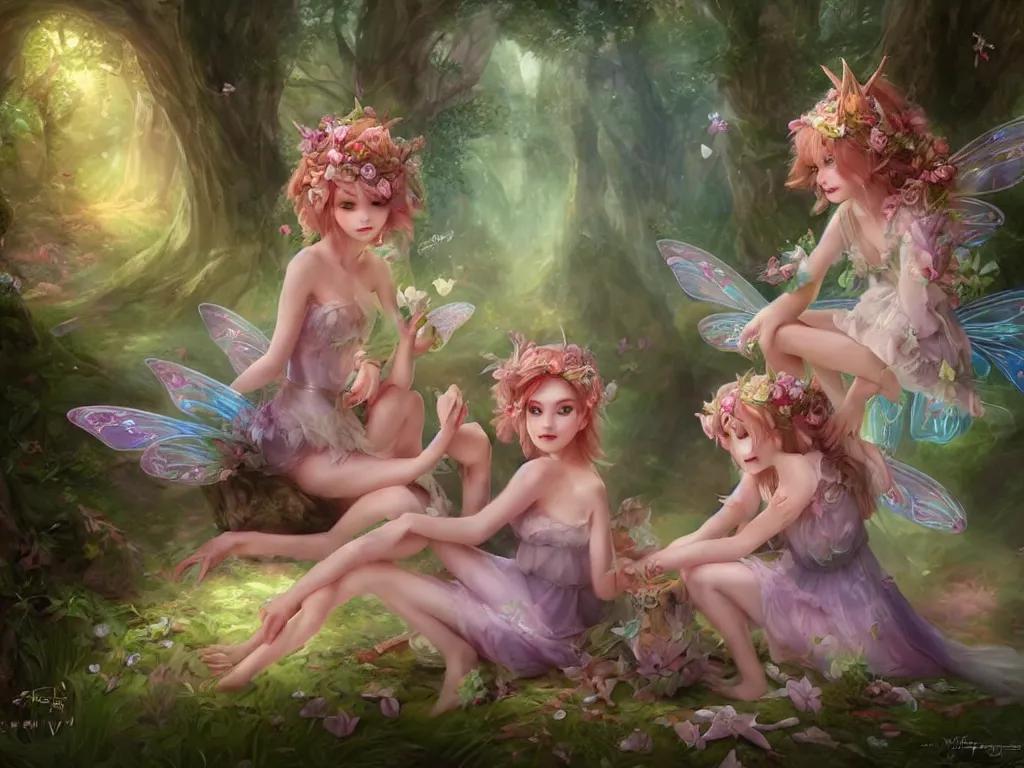 Image similar to two cute fairy in the dreamy forest, fantasy, dreamlike, 8 k resolution, hyper detailed, d & d, character design, digital painting, trending on artstation, sharp focus, illustration, art by artgerm, viktoria gavrilenko, hoang lap, fuji choko, steve zheng