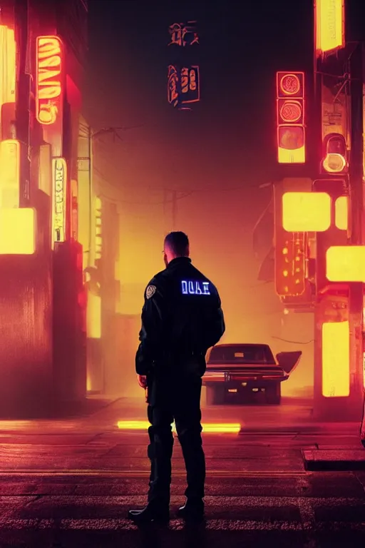 Prompt: Bladerunner 2049 still police officer standing next to white patrol car midnight crossed arms dark night orange street lamps. Bladerunner 2049 (2017) film. style of Roger Deakins Jeremy Saulnier Newton Thomas Sigel Robert Elswit Greig Fraser trending rtx on ue5. 35mm Kodak Vision 2383 gritty atmospheric