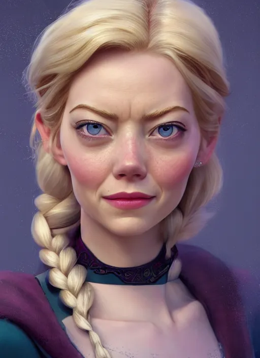 Image similar to Elsa from frozen portrait of Emma Stone, au naturel, hyper detailed, digital art, trending in artstation, cinematic lighting, studio quality, smooth render, unreal engine 5 rendered, octane rendered, art style by klimt and nixeu and ian sprigger and wlop and krenz cushart