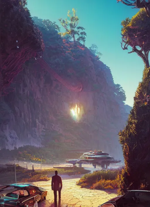 Image similar to highly detailed utopia illustration in gta v, stephen bliss, unreal engine, fantasy art by greg rutkowski, loish, rhads, ferdinand knab, makoto shinkai and lois van baarle, ilya kuvshinov, rossdraws, tom bagshaw, global illumination, radiant light, detailed and intricate environment