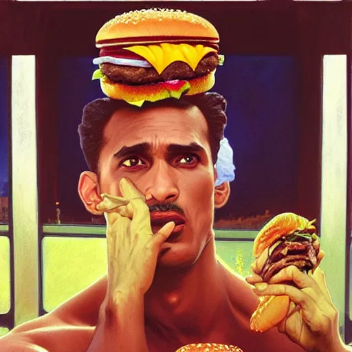 Prompt: a stunning portrait painting of roberto clemente eating giant hamburgers, contemplative, hybrid oil painting, high fashion, lace clothing, scenic background, art by jeremy pitkin, alphonse mucha, greg rutkowski, tim hildebrandt, boris vallejo, artgerm