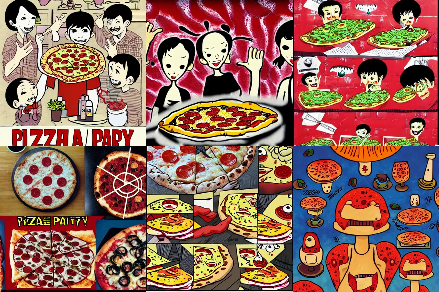 Prompt: Pizza party in the style of junji ito