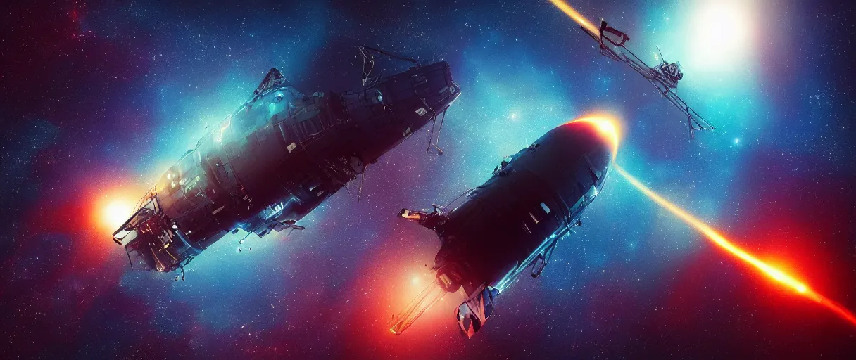 Image similar to tiny spaceship, deep space exploration!!!, flying, the expanse tv series, industrial design, the final frontier, illustrative!!, punk!!!, (neon colors), space pirate, hyperdetailed, hyperrealistic, utilitarian cargo ship, underexposed, cinematic lighting, 4k, wide angle, beksinski