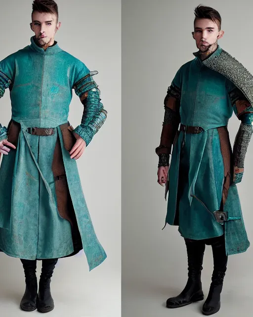 Image similar to an award - winning photo of a male model wearing a plain baggy teal distressed medieval designer menswear cloth jacket slightly inspired by medieval armour designed by raf simons, 4 k, studio lighting, wide angle lens