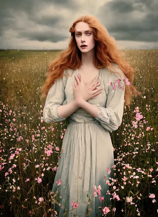 Image similar to kodak portra 1 0 0 photo medium portrait of a pre - raphaelite blond beautiful woman, dress in flowers, dreamy mood, fine art photography in style of nicholas fols, 1 5 0 mm, emotionally evoking, head in focus, stormy clouds outdoor, matt mute colour background, volumetric lighting, hyper realistic, ultra detailed