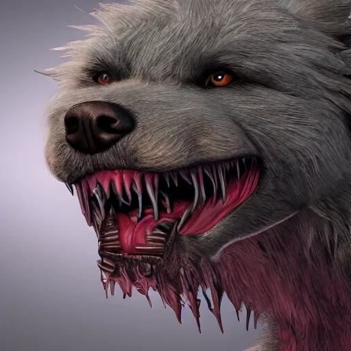 Prompt: A realistic detailed photo of a big dog-like monster, detailed body, red eyes, bent back, big sharp teeth, weakly hairy skin, light particles, detailed light, realistic shaders, trending on artisation, detailed textures, detailed, realistic.