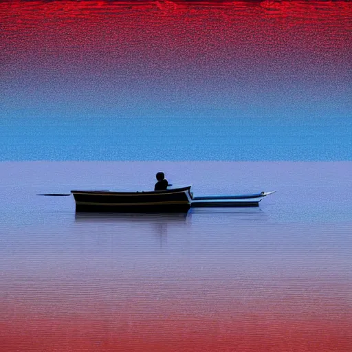 Image similar to A beautiful small boat alone on a lake at twilight with calm waters, the moon shines from above causing light ripples in the water. A small and calm traveller sits in the boat, at peace with himself and the world. A digital art piece designed by psychologists to calm a troubled mind. Tranquil dreams of tepid water, a moment frozen in time. Trending on art station, an award winning masterpiece