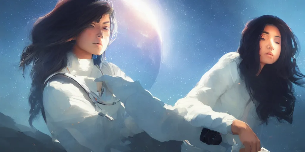 Image similar to Young Himalayan woman piloting a space shuttle, somber white eyes, long ashy hair, gentle lighting, dim lighting, digital art by Makoto Shinkai ilya kuvshinov and Wojtek Fus, digital art, concept art,