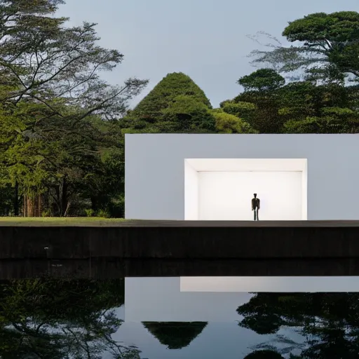 Image similar to a building designed by tadao ando and james turrell floating in space 4 k