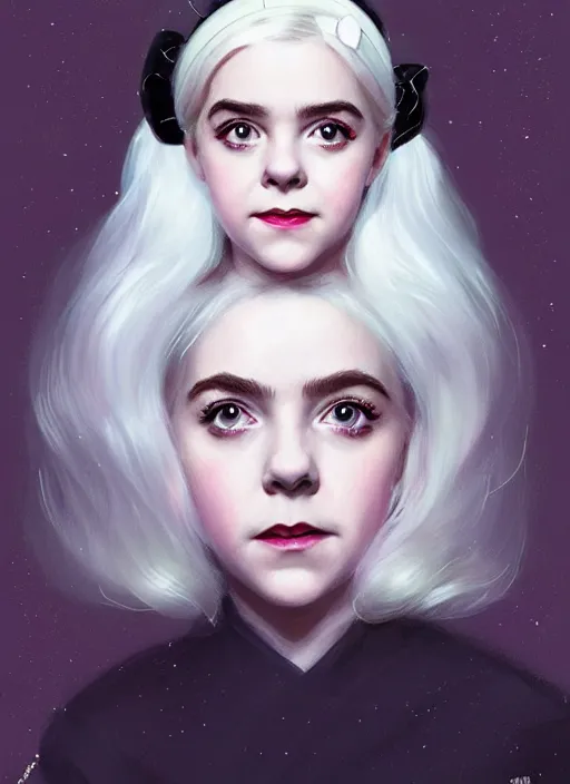 Image similar to portrait of kiernan shipka as sabrina spellman, white hair, 6 0 s hairstyle, hairband, intricate, elegant, glowing lights, highly detailed, digital painting, artstation, concept art, smooth, sharp focus, illustration, art by wlop, mars ravelo and greg rutkowski