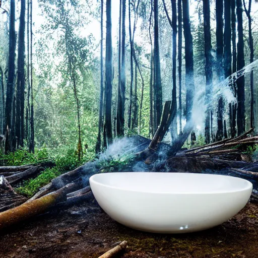 Image similar to pristine porcelain bath filled with bubbles in a clearcut rainforest, slash and burn, cleared forest, deforestation, bubble bath, overflowing with bubbles, tree stumps, smouldering charred timber