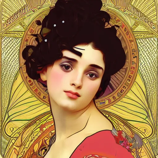 Image similar to vector illustration of a over tanned instagram influenza girl, siliconized, too much plastic surgery, doing a make up tutorial, artstation, smooth, sharp focus, art by gustav klimt - alphonse mucha - adolphe bouguereau