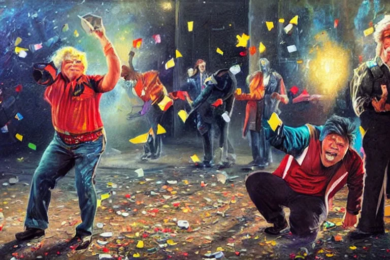 Image similar to portrait of rip taylor throwing confetti at a crime scene chalk outline, an oil painting by ross tran and thomas kincade