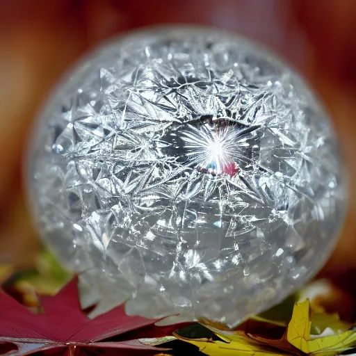 Prompt: photo of a chrystal ball with a maple leaf inside