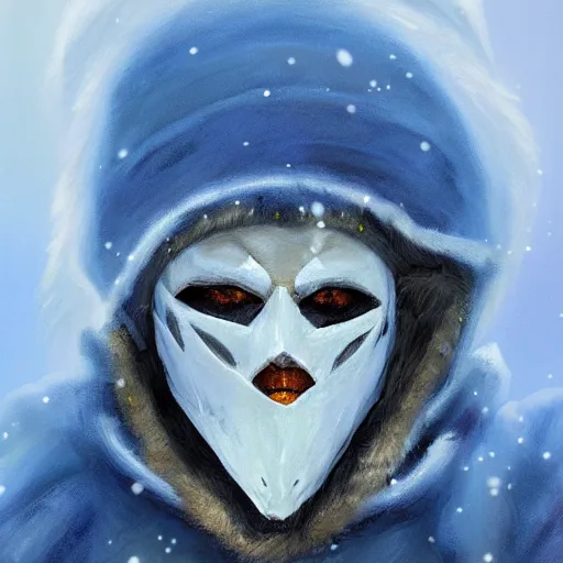 Image similar to fantasy snow bandit ‘ icewind dale ’ with mask, blue palette, snow scene, ‘ icewind dale 2 ’ profile portrait by ‘ justin sweet ’, falling snow, soft focus, illustrated, oil paint