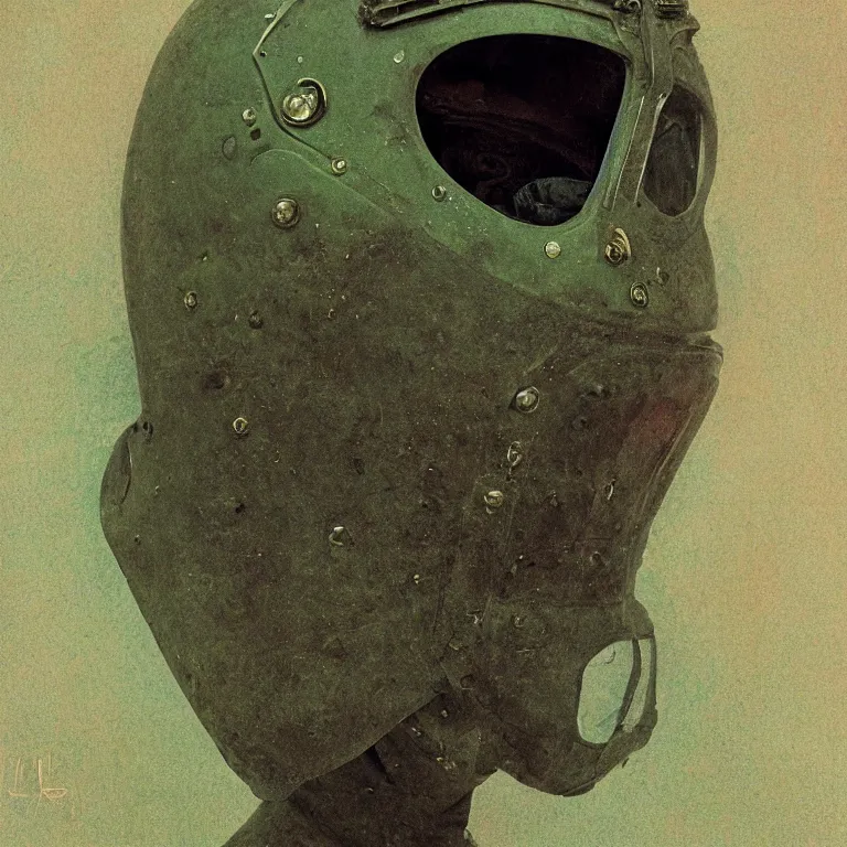 Image similar to portrait of a knight in a motorcycle dirt helmet background, green plastic bag, by zdzisław beksinski, elegant, fashion studio, ighting, 3 5 mm, edward hopp