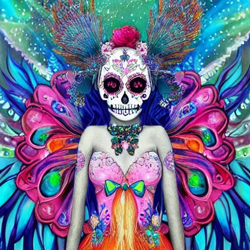 Prompt: painting of a sugar skull kitsune, mage clothes inspired by a fairy peacock, 9 brilliant peacock tails that shimmer magic itself, painted by a master artist, sparkles, pink cloud background, rainbows, waterfall, dnd beyond, fae, photo realistic, renaissance