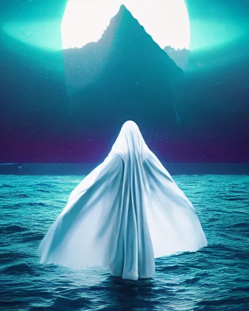 Image similar to a person wearing a white cloak standing in the water. a large planet is overhead. an album cover by stanley twardowicz, trending on cg society, retrofuturism, retrowave, chillwave, synthwave